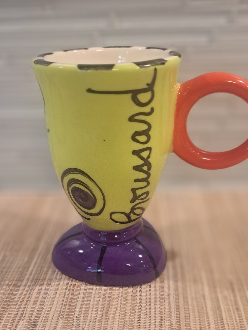 Vtg Broussard Signed Art Pottery Mug Hand Painted Signed Colorful Pop Art